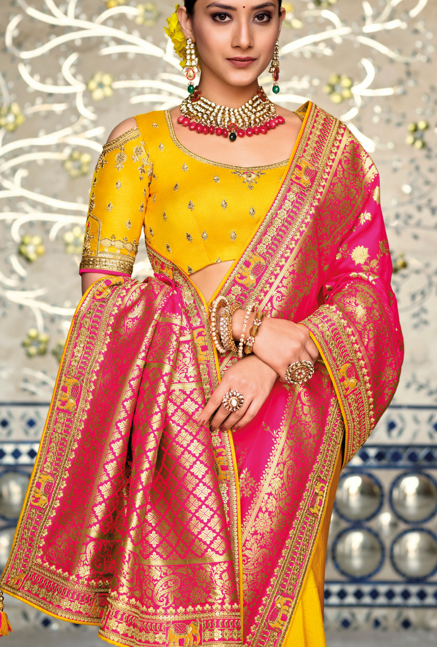 Yellow and Pink Designer Saree