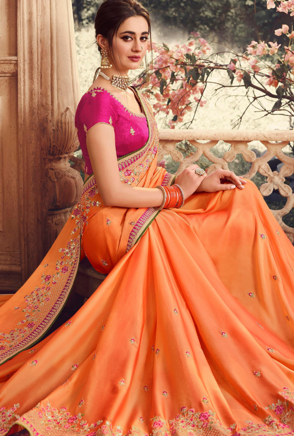 Royal Orange Soft Silk Sari With Attached Blouse Saree for Women-1 –  Zariknyaa