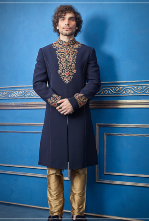 Navy Blue and Gold Mens Sherwani