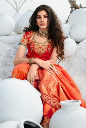 Peach and Red Designer Saree