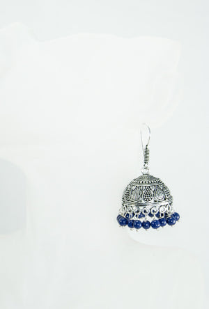 Black metal earrings with blue beads - Desi Royale