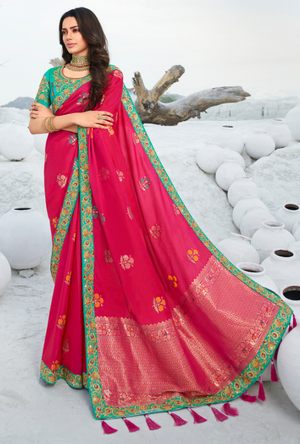 Red and Sea Green Saree