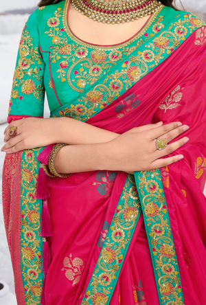 Red and Sea Green Saree