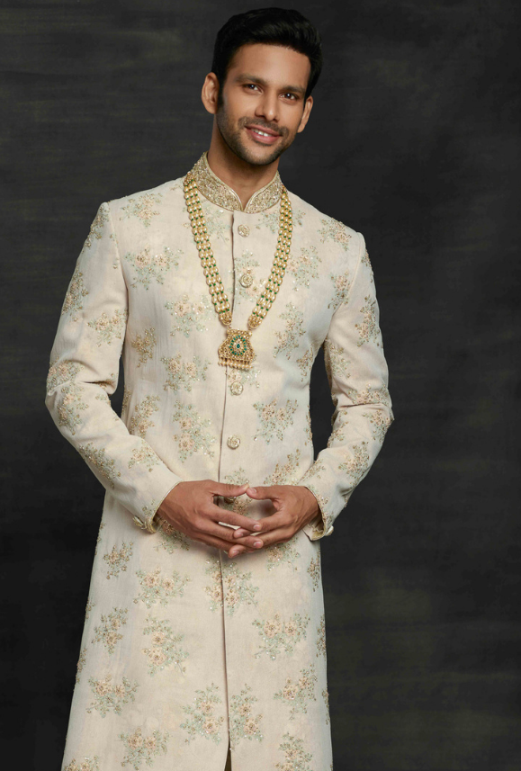 Cream and Pista Mens Sherwani