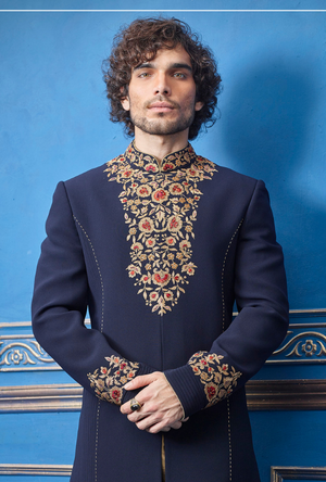 Navy Blue and Gold Mens Sherwani