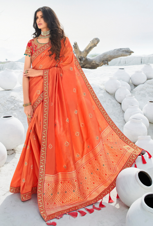 Peach and Red Designer Saree