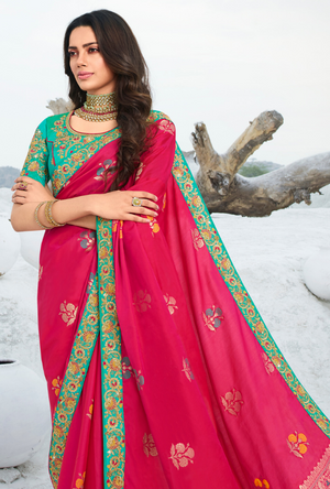 Red and Sea Green Saree