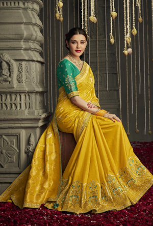 Yellow and Green Designer Saree