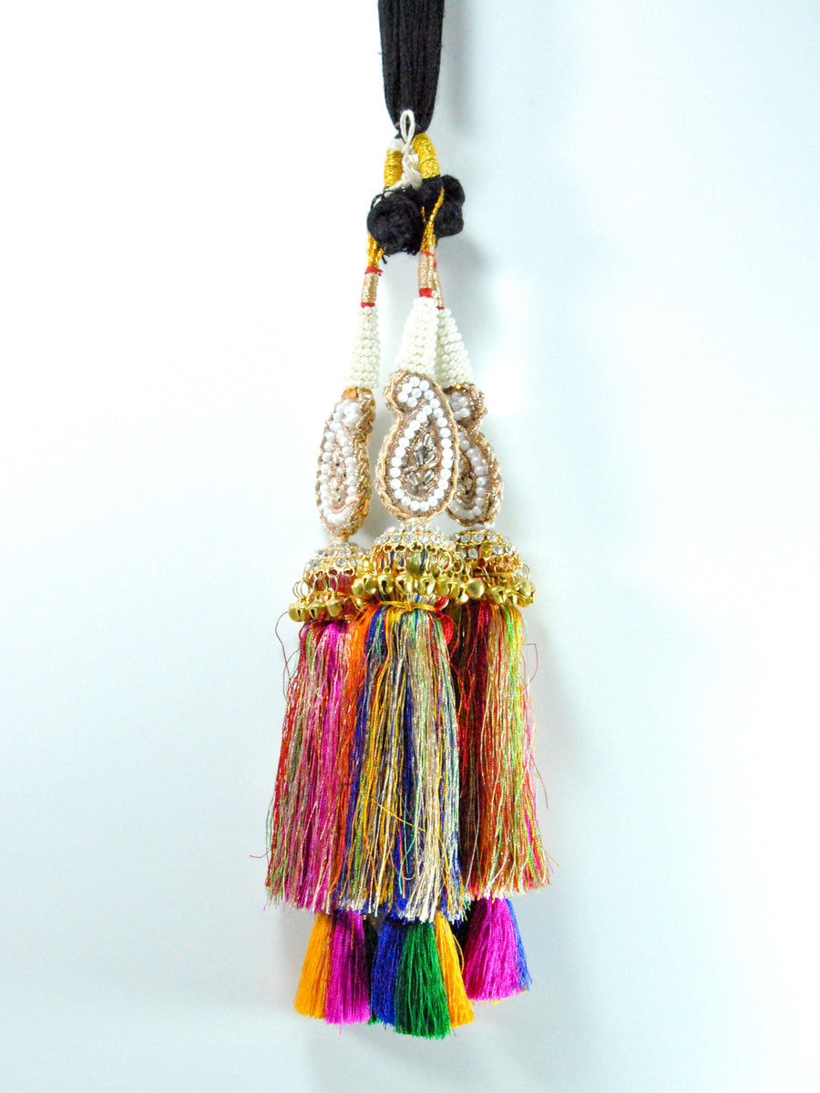 Multicolored Peacock Parandi with Pearls and Bells - Desi Royale