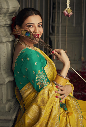 Yellow and Green Designer Saree