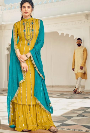 Yellow and Blue Palazzo Suit