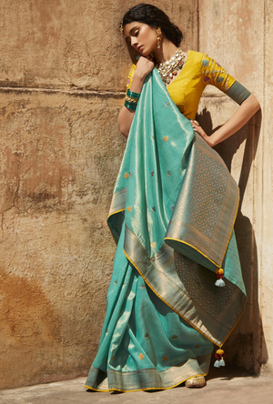 Blue and Yellow Designer Saree