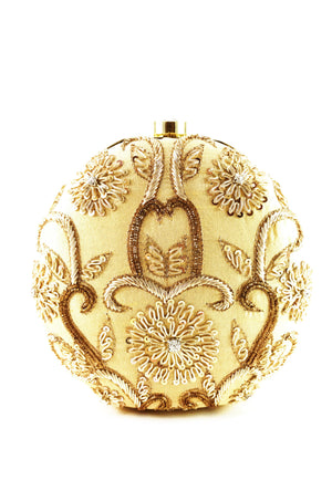 Beige Gold Embroidered Round Clutch bag - Desi Royale
