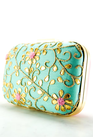 Turquoise Pink Gotta Patti Clutch - Desi Royale