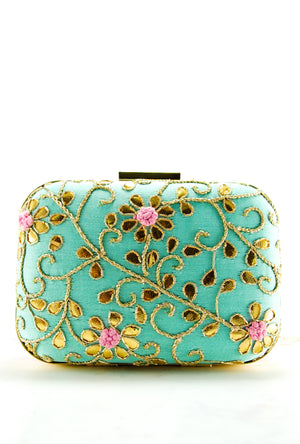 Turquoise Pink Gotta Patti Clutch - Desi Royale