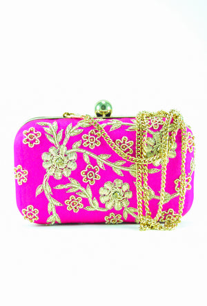 Pink Zardozi Flower Clutch - Desi Royale