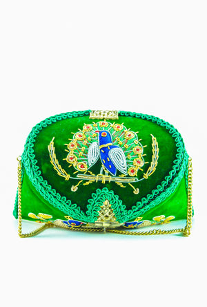 Green Peacock Maharani brass clutch bag - Desi Royale