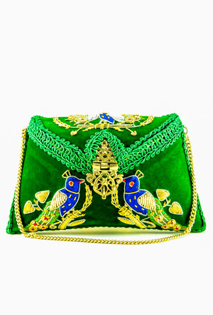 Green Peacock Maharani brass clutch bag - Desi Royale