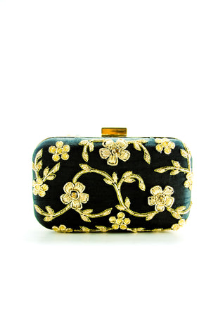 Black Zardozi Flower Clutch - Desi Royale