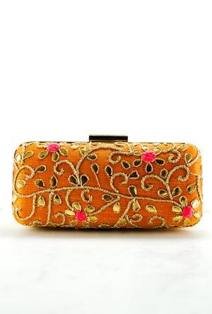 Orange gold Gotta Patti Clutch - Desi Royale