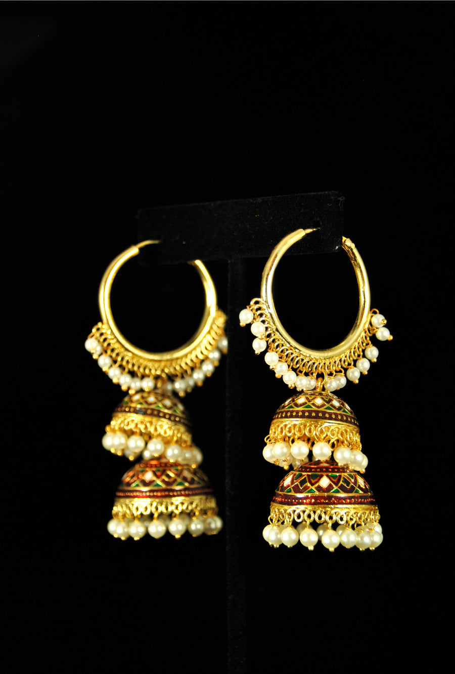 Designer double layer antique bali with pearl drops - Desi Royale
