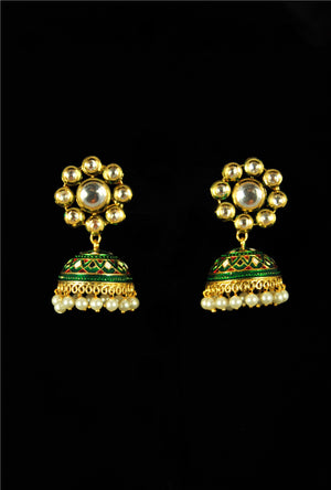 Designer flower kundan earrings with pearl drops - Desi Royale