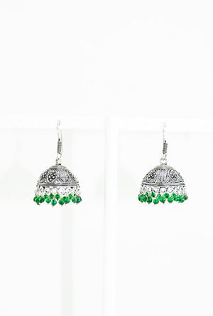 Black Metal umbrella Earrings with green beads - Desi Royale