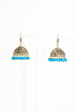 Gold earrings with turquoise blue beads - Desi Royale