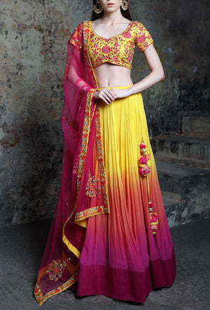 Shaded Yellow And Pink Designer Lehenga Set - Desi Royale