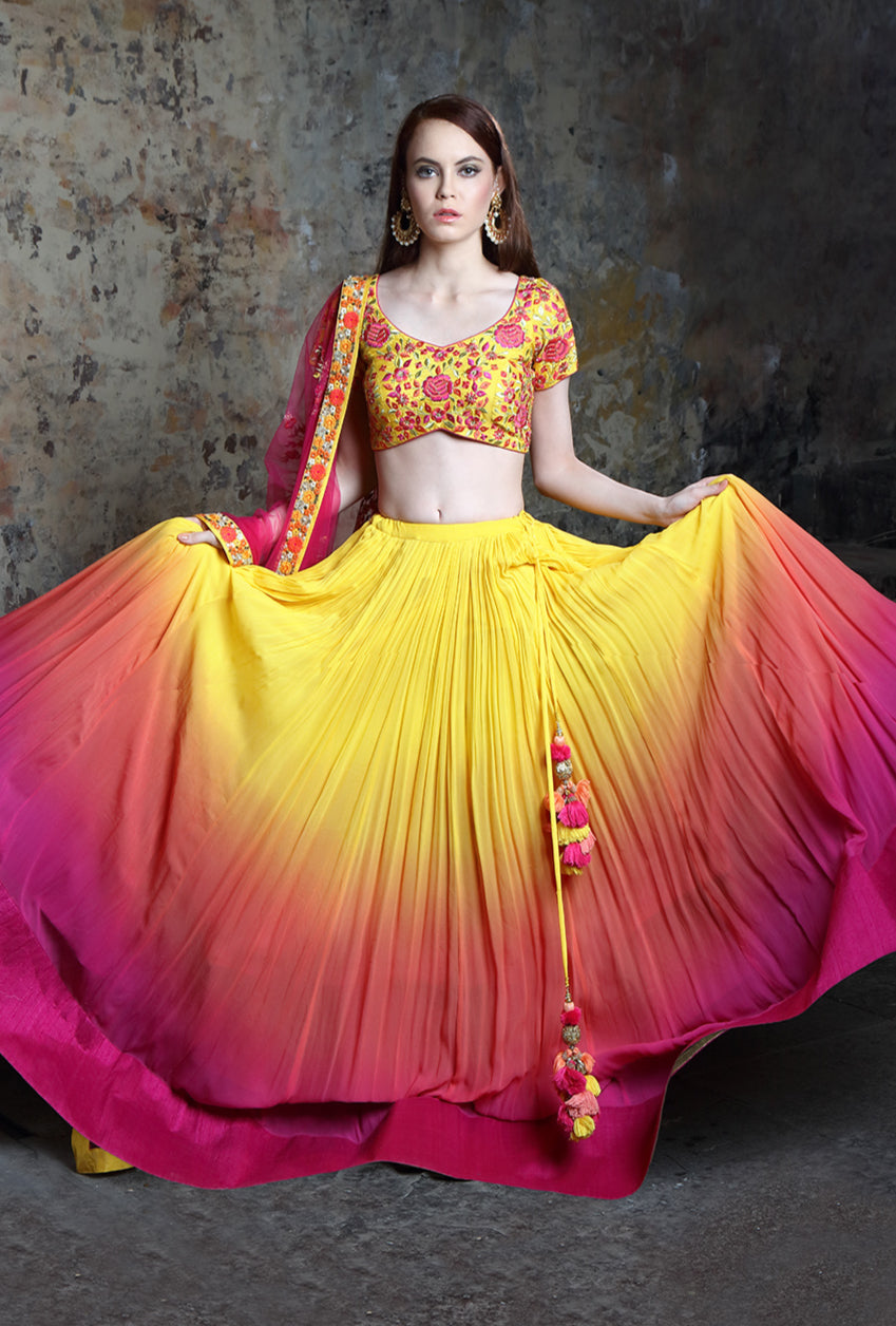 Art Silk Wedding Lehenga Choli Thread Embroidery Work In Yellow Color With  Red Net Dupatta
