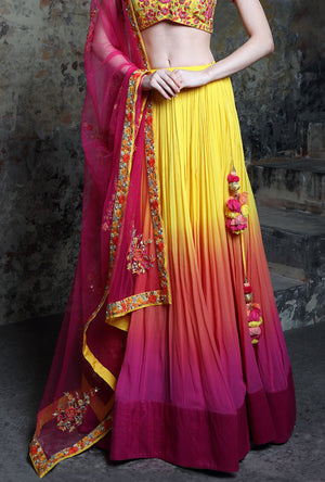 Shaded Yellow And Pink Designer Lehenga Set - Desi Royale