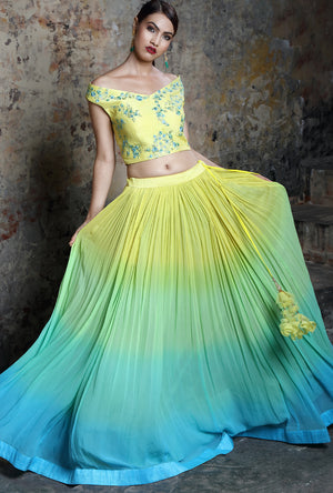 Shaded Yellow And Turquoise  Designer Lehenga Set - Desi Royale