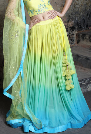 Shaded Yellow And Turquoise  Designer Lehenga Set - Desi Royale