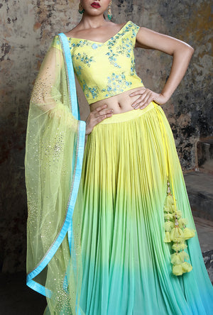 Shaded Yellow And Turquoise  Designer Lehenga Set - Desi Royale