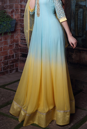 Blue And Yellow Embroidered Anarkali Suit - Desi Royale