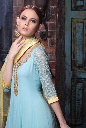 Blue And Yellow Embroidered Anarkali Suit - Desi Royale