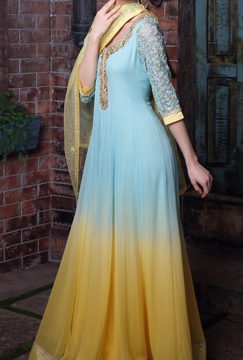 Blue And Yellow Embroidered Anarkali Suit - Desi Royale