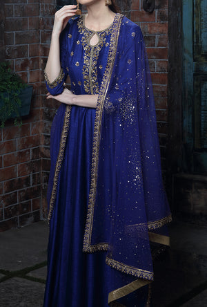 Navy Blue Embroidered Anarkali Suit - Desi Royale