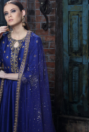 Navy Blue Embroidered Anarkali Suit - Desi Royale