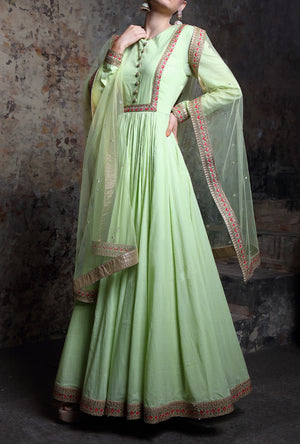 Pista Green Embroidered Anarkali Suit - Desi Royale