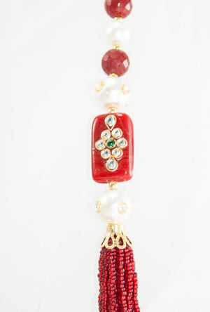 Ratnavali Necklace With Pearl And Ruby Beads - Desi Royale