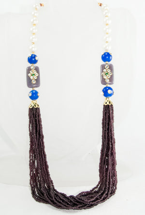 Oviya Necklace With Violet, Pearl And Blue Beads - Desi Royale