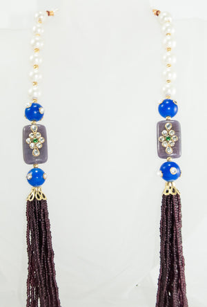 Oviya Necklace With Violet, Pearl And Blue Beads - Desi Royale