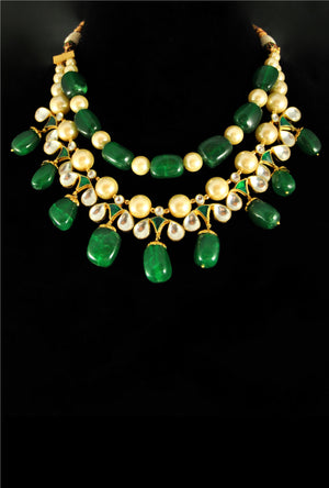 Beaded emerald kundan bridal necklace set - Desi Royale