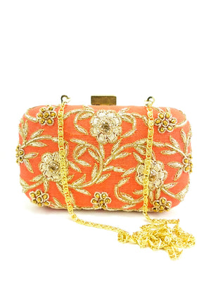 Peach Zardozi Flower Clutch - Desi Royale