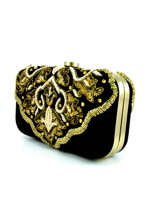 Black Velvet Clutch with Zardosi Embroidery - Desi Royale