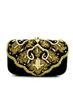 Black Velvet Clutch with Zardosi Embroidery - Desi Royale