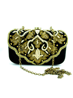 Black Velvet Clutch with Zardosi Embroidery - Desi Royale