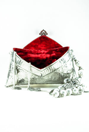 Silver metal Bohemian Clutch with White Pearl Tassles - Desi Royale