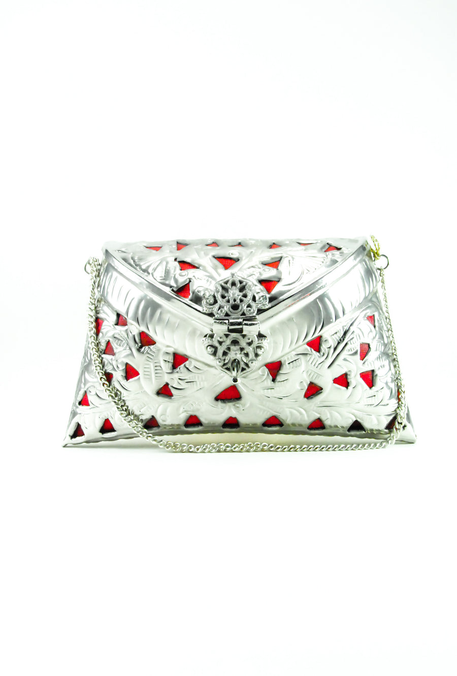 Silver metal Clutch with Red Tassles - Desi Royale